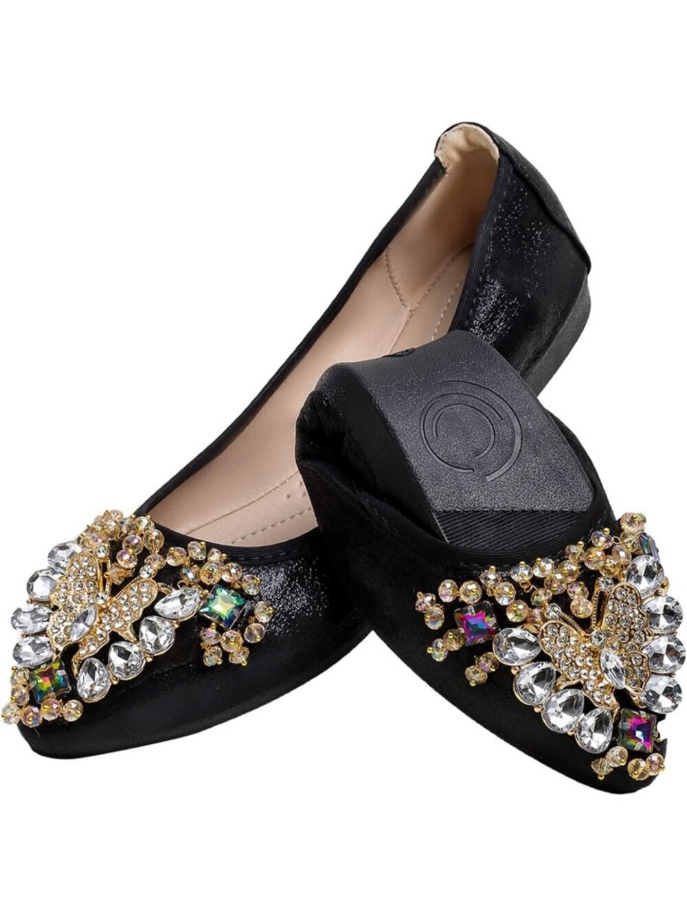Women's Black Ballet Flat Cute Rhinestones Bow Slip on Imported Comfort Shoes